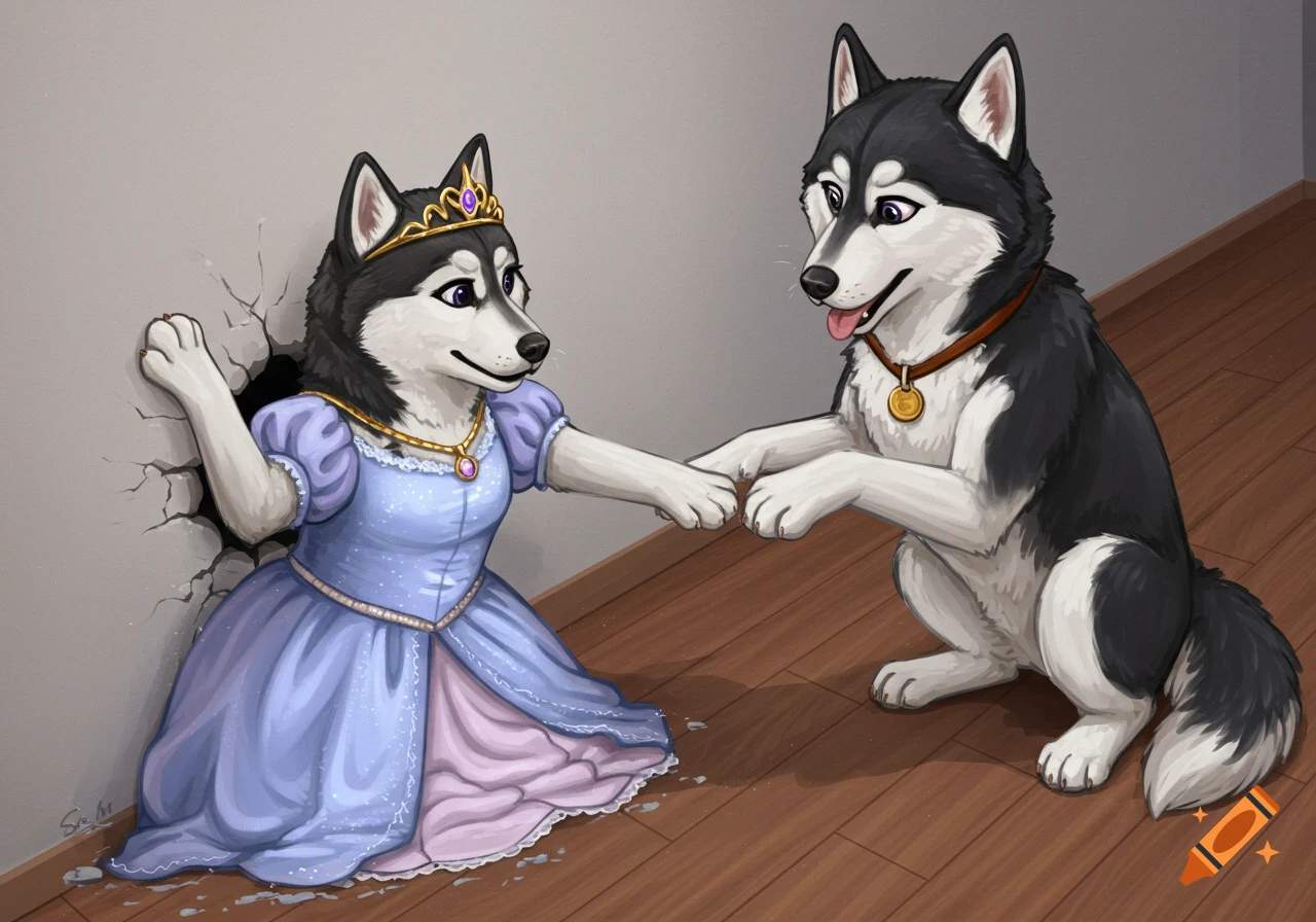 A Siberian Husky in a light blue princess dress is stuck in a hole in a wall while another husky helps pull her out.