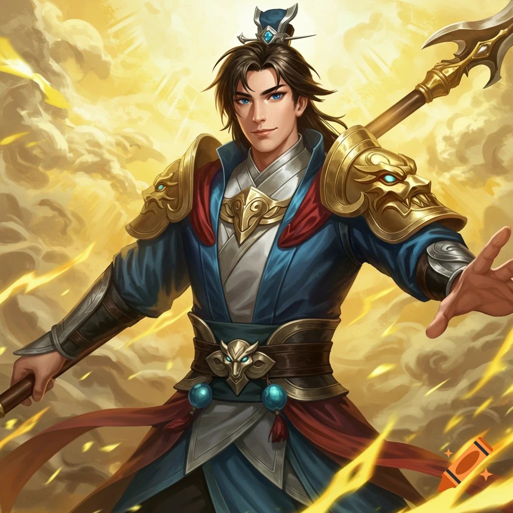 A handsome male character in blue and gold armor with a spear, standing in golden clouds.