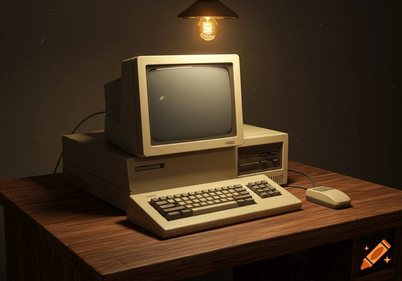 A photorealistic image of an old-fashioned beige computer, keyboard, and mouse on a wooden desk, illuminated by a glowing lightbulb.