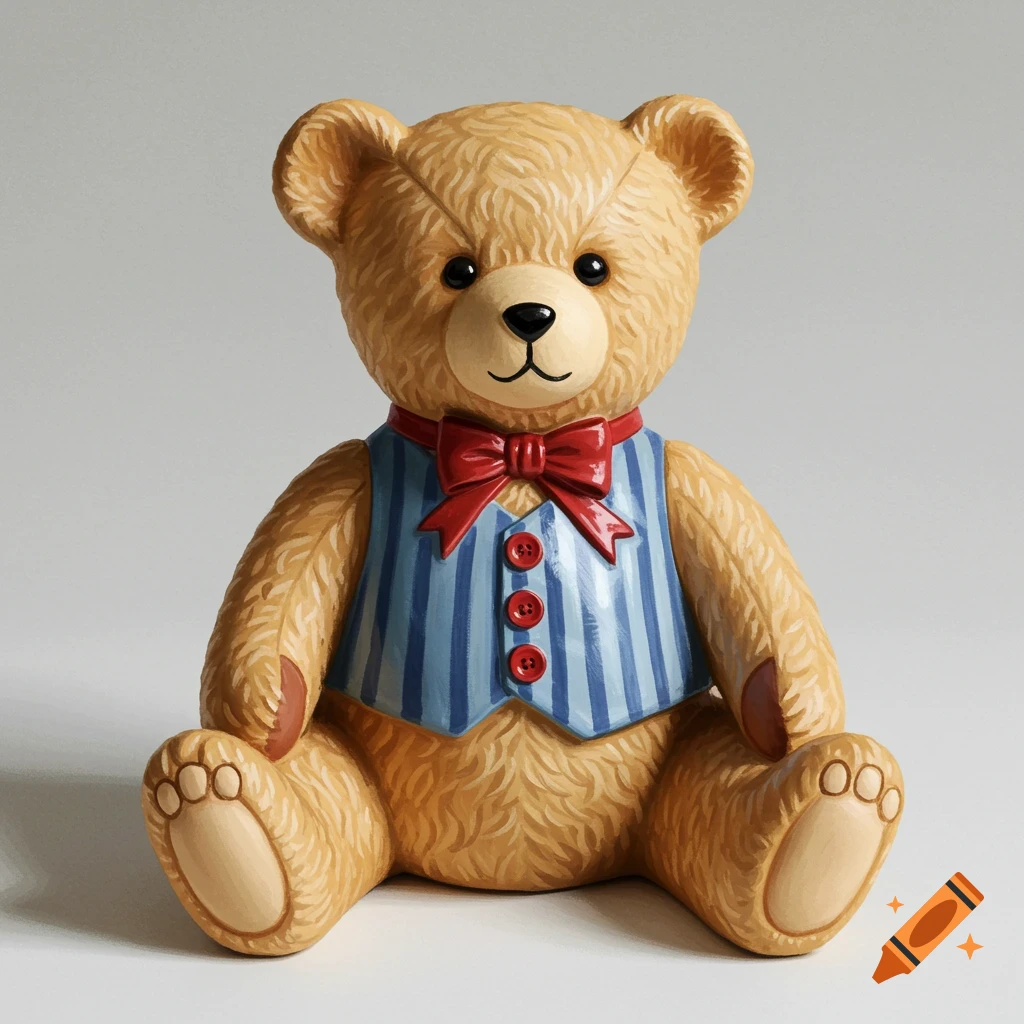 A seated ceramic teddy bear figurine with a light brown fur texture, a blue striped vest with red buttons, and a red bow tie.