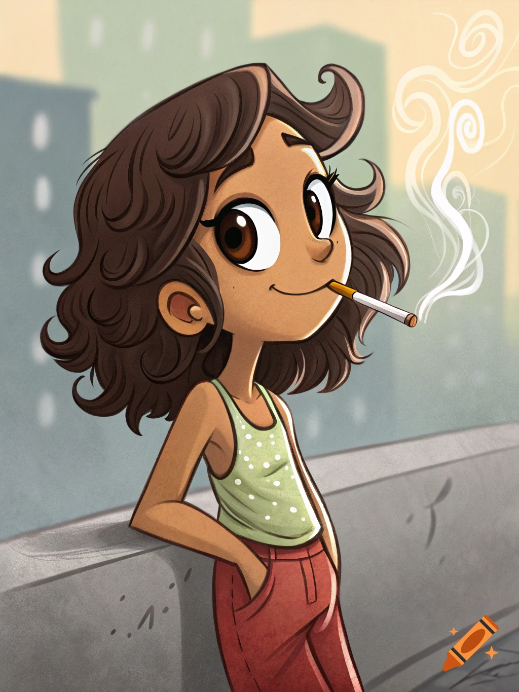 A smiling cartoon girl with brown wavy hair smokes a cigarette while leaning on a wall in a city.