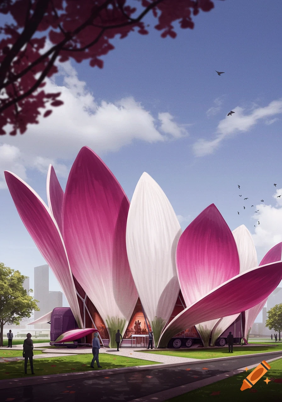 A large, futuristic building designed like pink and white flower petals stands on a green lawn under a blue sky, with people walking around.