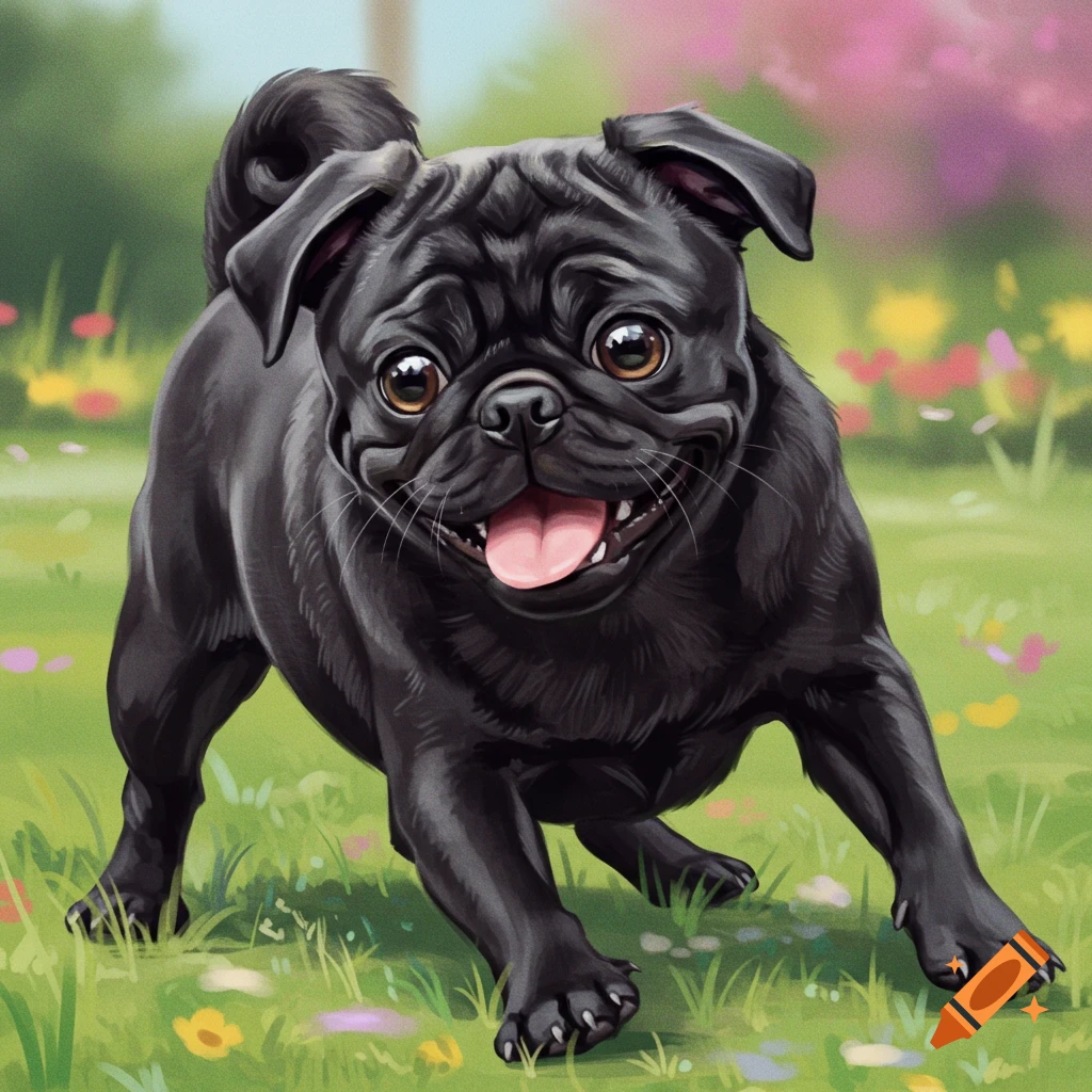 A happy black pug with its tongue out runs through a vibrant green field adorned with colorful flowers, in an illustrative style.
