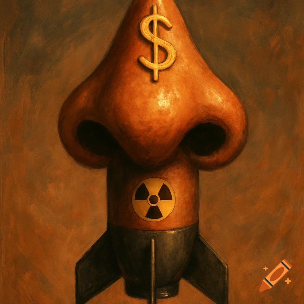 Surreal painting of a nuclear missile shaped like a large nose with a golden dollar sign on its tip and a nuclear symbol on its body.