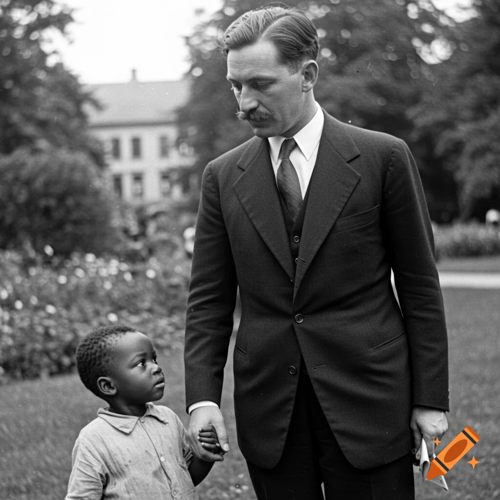 Black and white photo of a man in a suit holding a child's hand in a park, with the man looking down at the child.