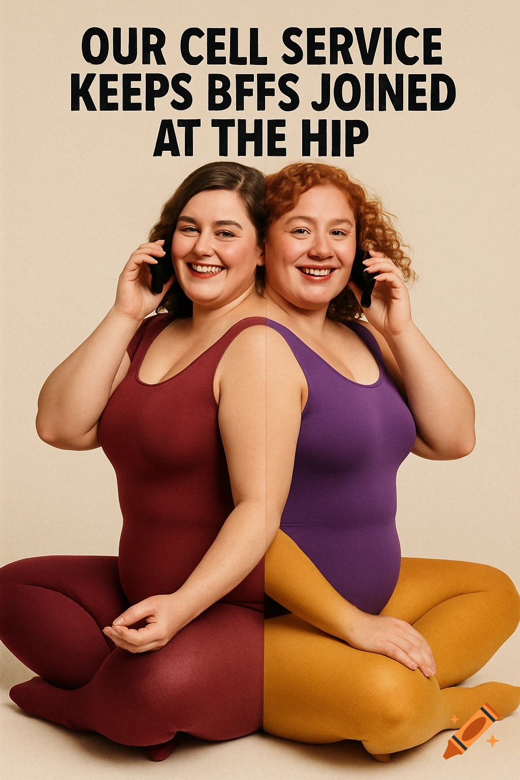 Two smiling women, one in a red leotard and the other in a purple leotard, appear merged at the hip, talking on cell phones. Text above reads "OUR CELL SERVICE KEEPS BFFS JOINED AT THE HIP".