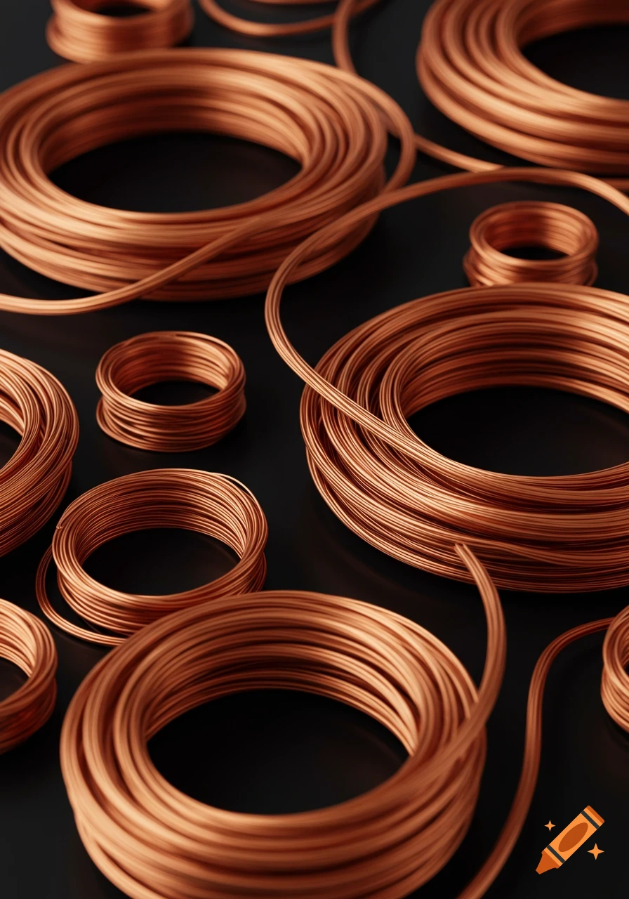 Photorealistic image of multiple coils of thin copper wire scattered on a black background.
