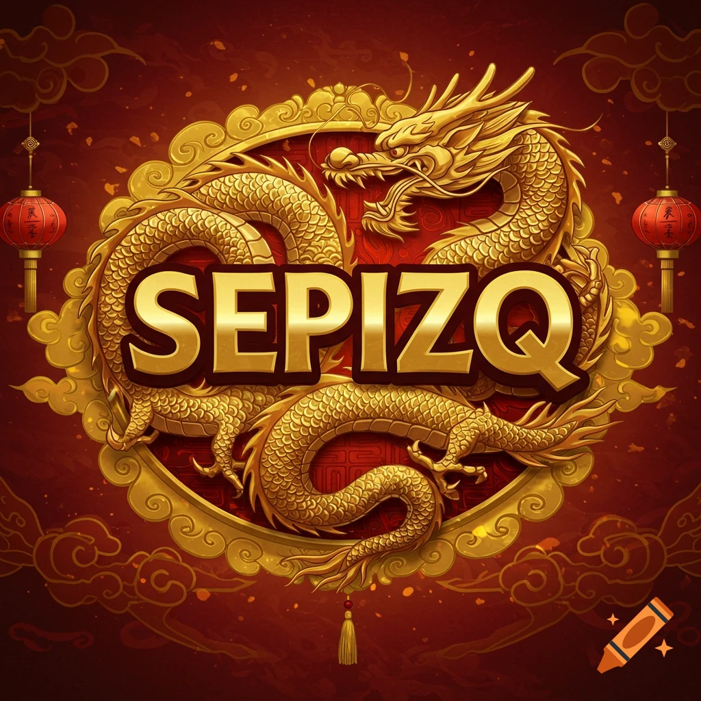 Golden dragon coiled around a circular emblem with the word "SEPIZQ" in the center, on a red background with lanterns.