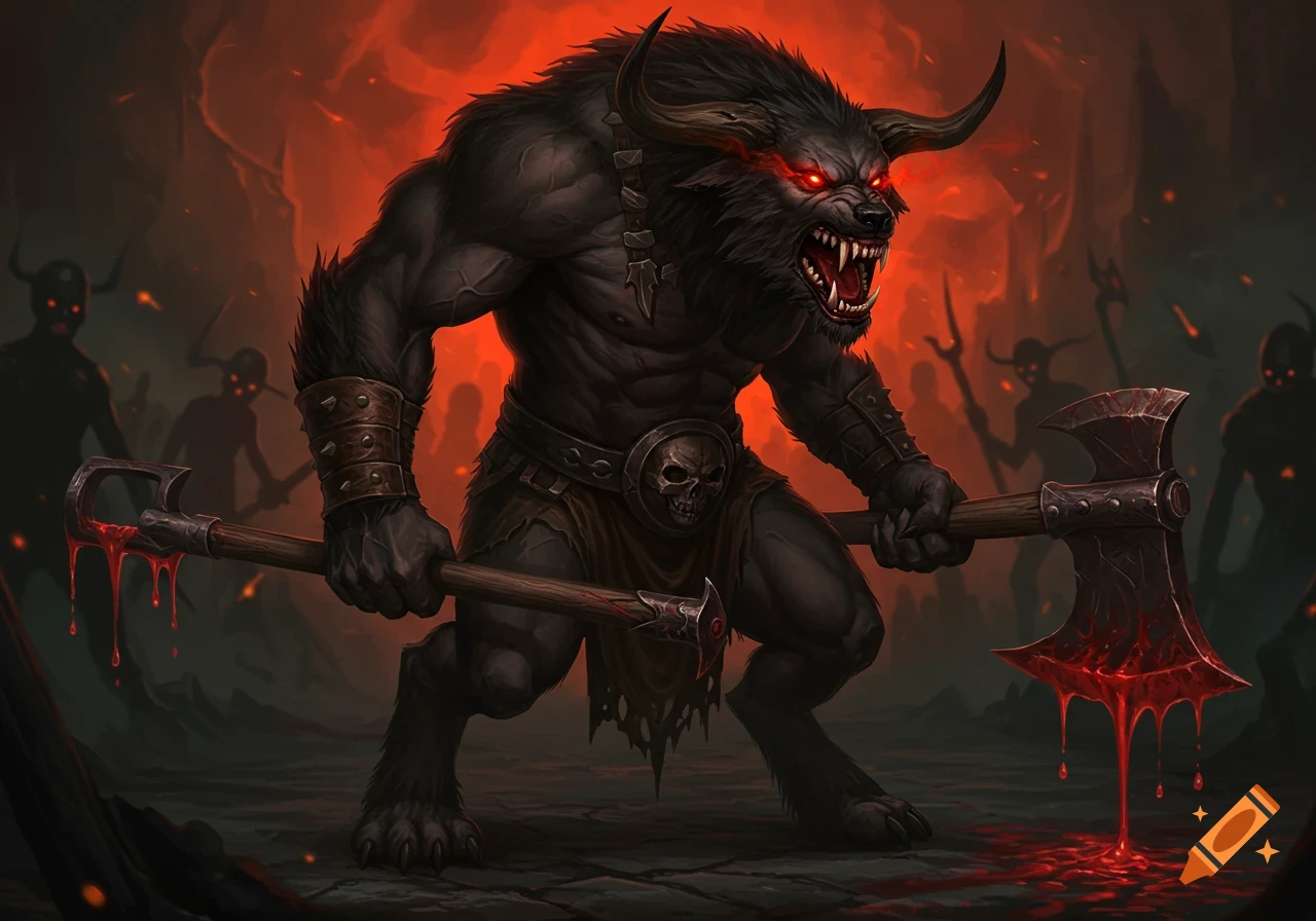 A menacing, dark-furred wolf-bull creature stands in a hellish landscape with glowing red eyes, holding a blood-dripping axe and weapon. Dark fantasy illustration.