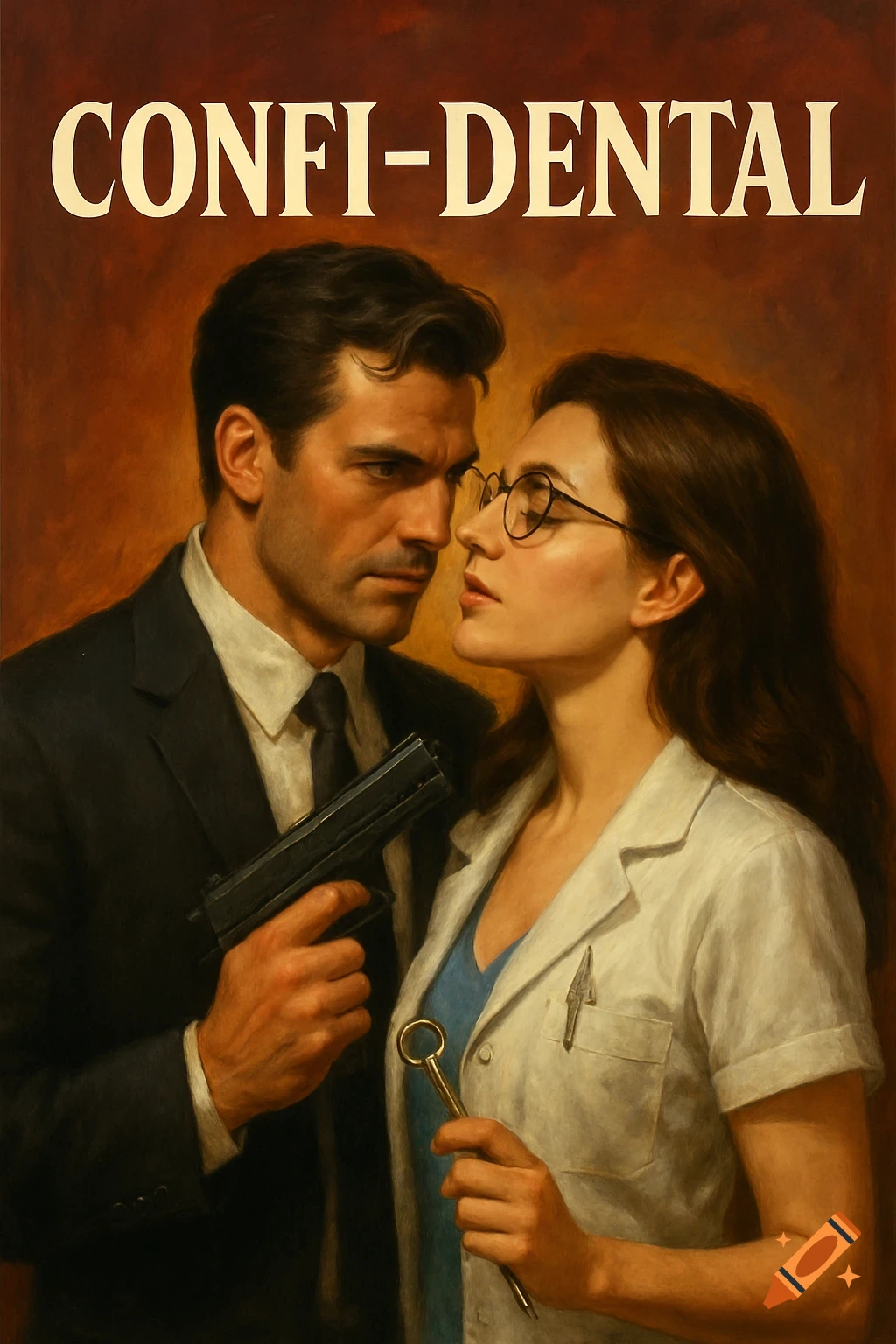 A man in a dark suit holds a pistol and stares intently at a woman in a white lab coat holding a dental tool. The title "CONFI-DENTAL" is above them. Painted style.