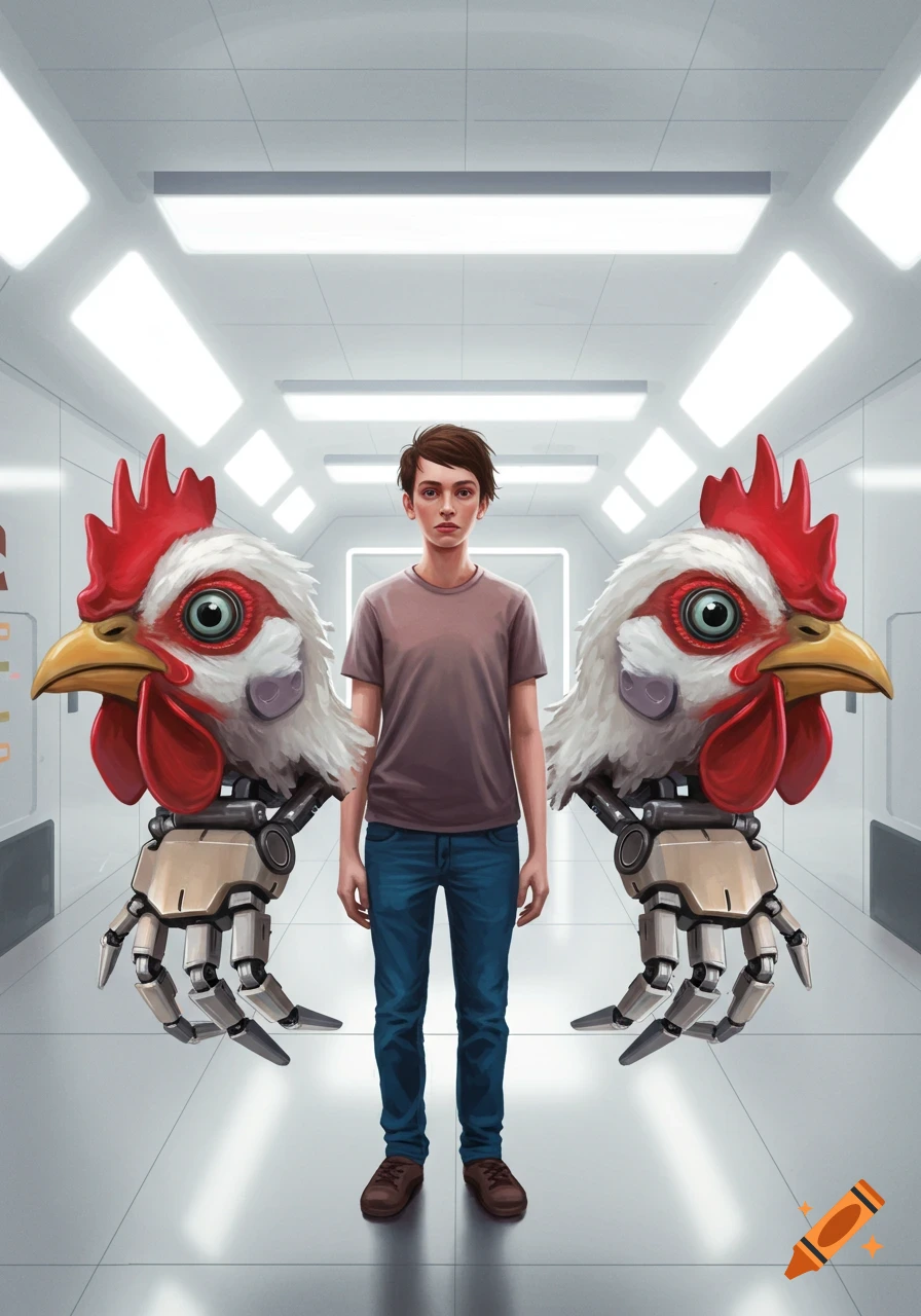 A person stands in a futuristic hallway with robot chicken heads attached to their arms where hands should be, in an illustrative style.