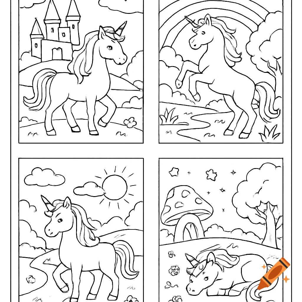 Four black and white line art panels for a coloring book, each featuring a unicorn in a fairytale setting.