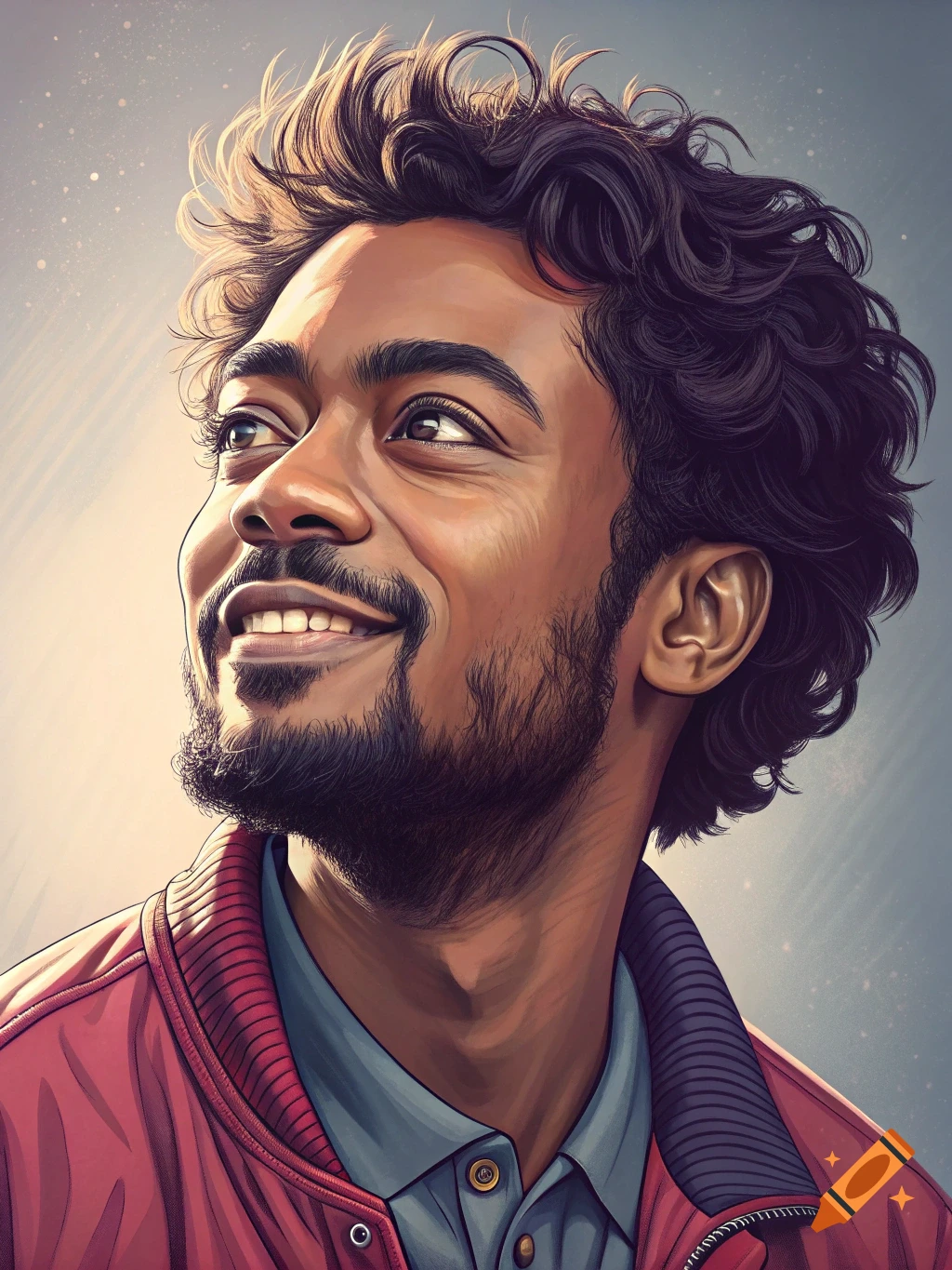 A vibrant, stylized portrait of a smiling man with curly hair and a beard, looking upwards.