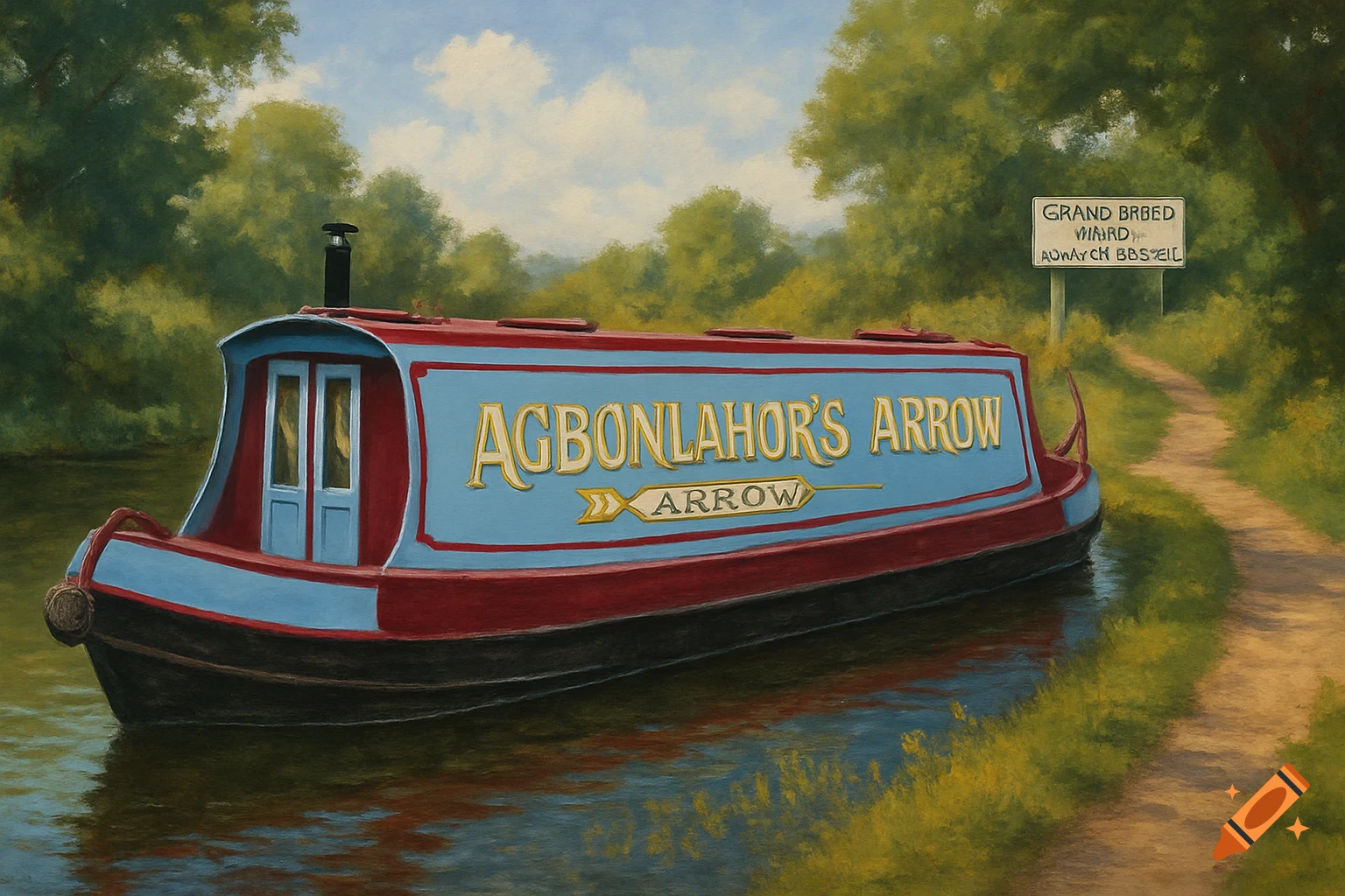 A stylized painting depicts a red and blue canal boat named "Agbonlahor's Arrow" on a calm canal surrounded by green trees and a dirt path.