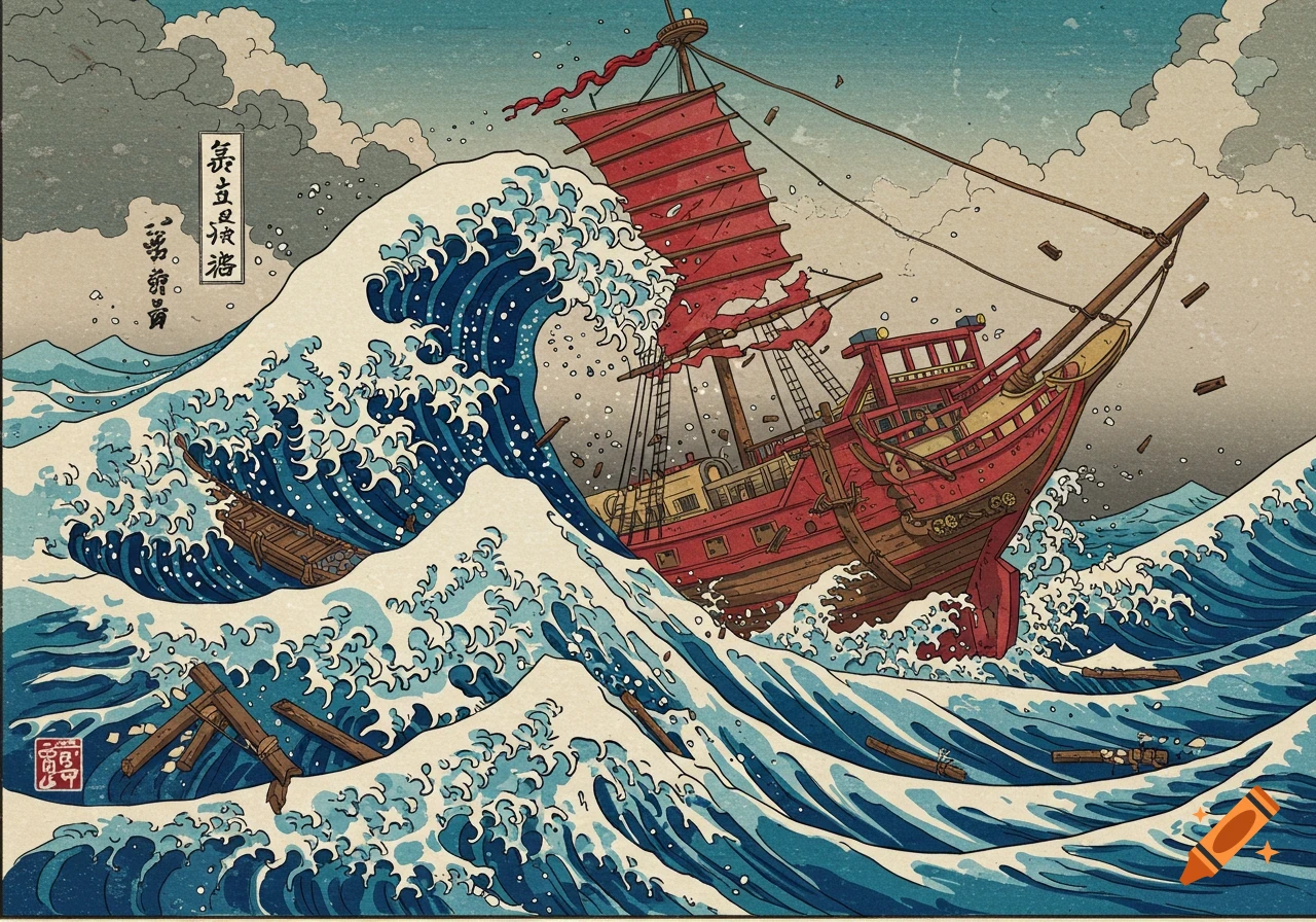 An ukiyo-e style woodblock print showing a red ship amidst crashing blue waves and stormy skies.