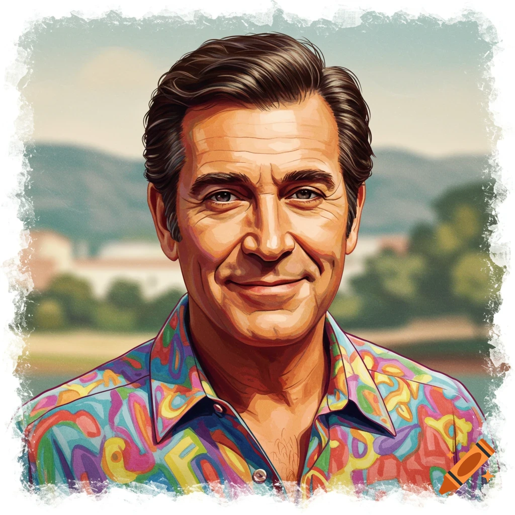 Illustration of a smiling man with dark hair in a colorful, psychedelic-patterned shirt, against a blurred outdoor background.