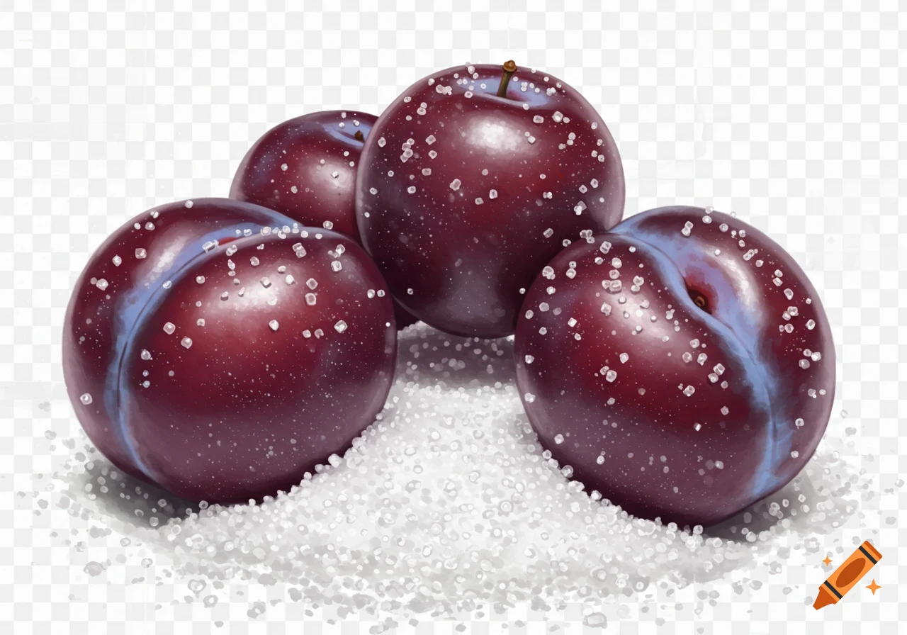 Photorealistic image of four purple plums covered in sugar, resting on a pile of sugar with a transparent background.
