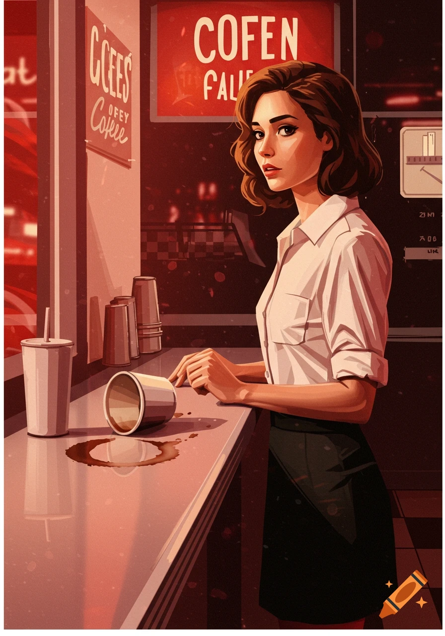 Illustration of a woman in a white shirt and black skirt standing at a diner counter with a spilled coffee cup.
