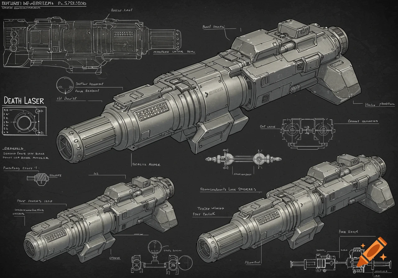 A detailed blueprint of a futuristic grey death laser weapon, shown from multiple angles with various technical labels on a dark background.
