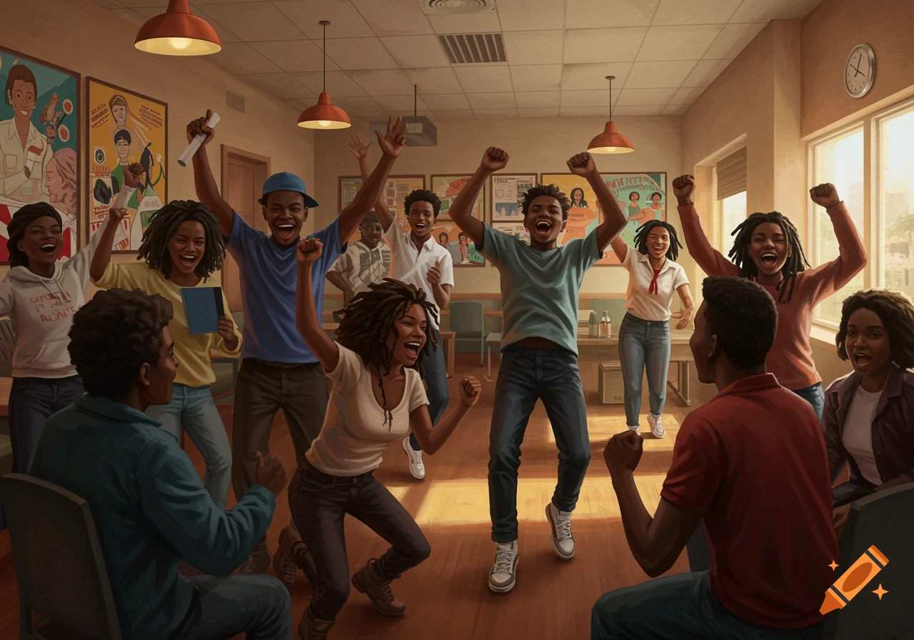 A group of young Black teens exuberantly celebrate, raising their arms and cheering in a community center room with posters on the walls.