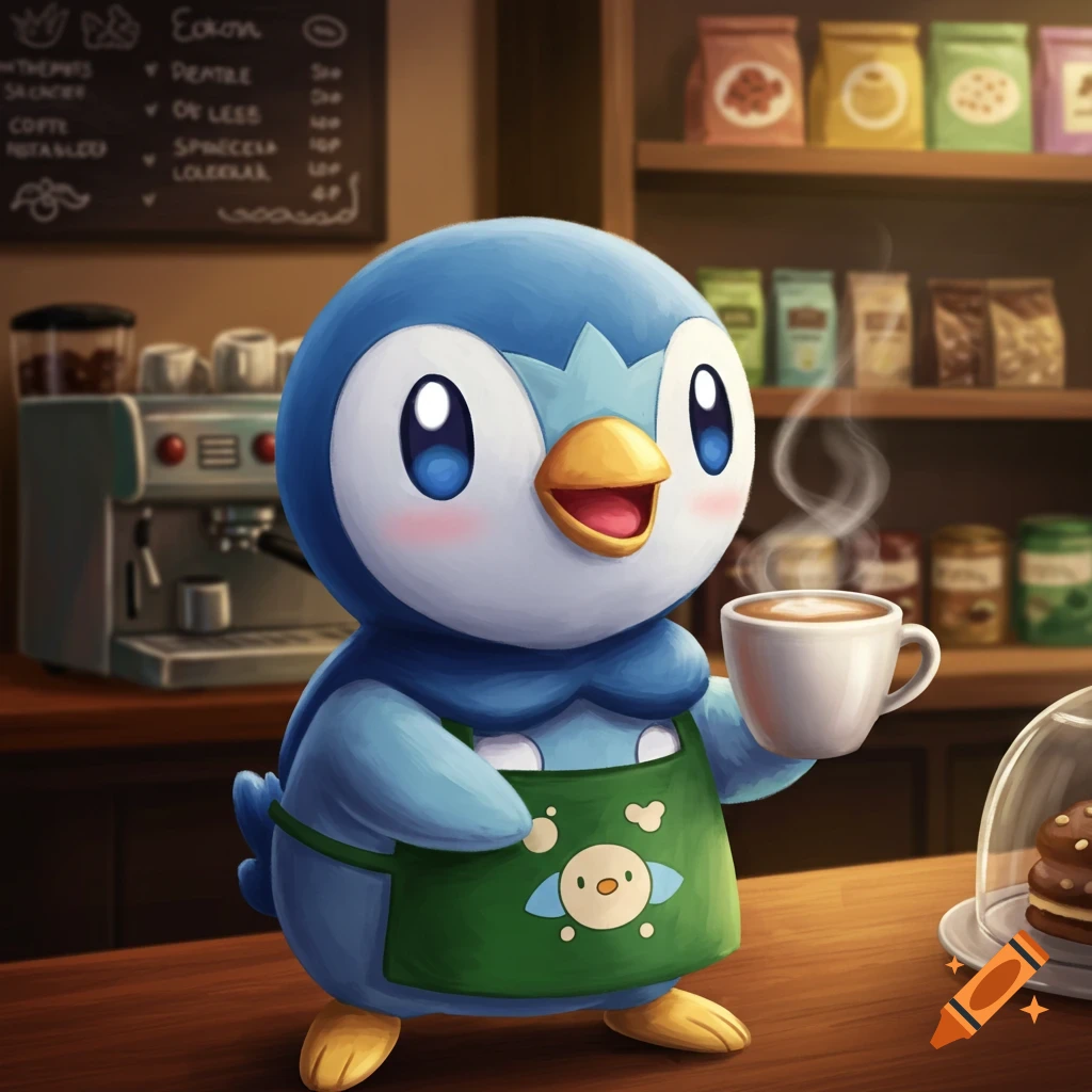 A cute blue penguin-like Pokemon character, Piplup, wearing a green apron, holds a steaming coffee cup in a cafe.