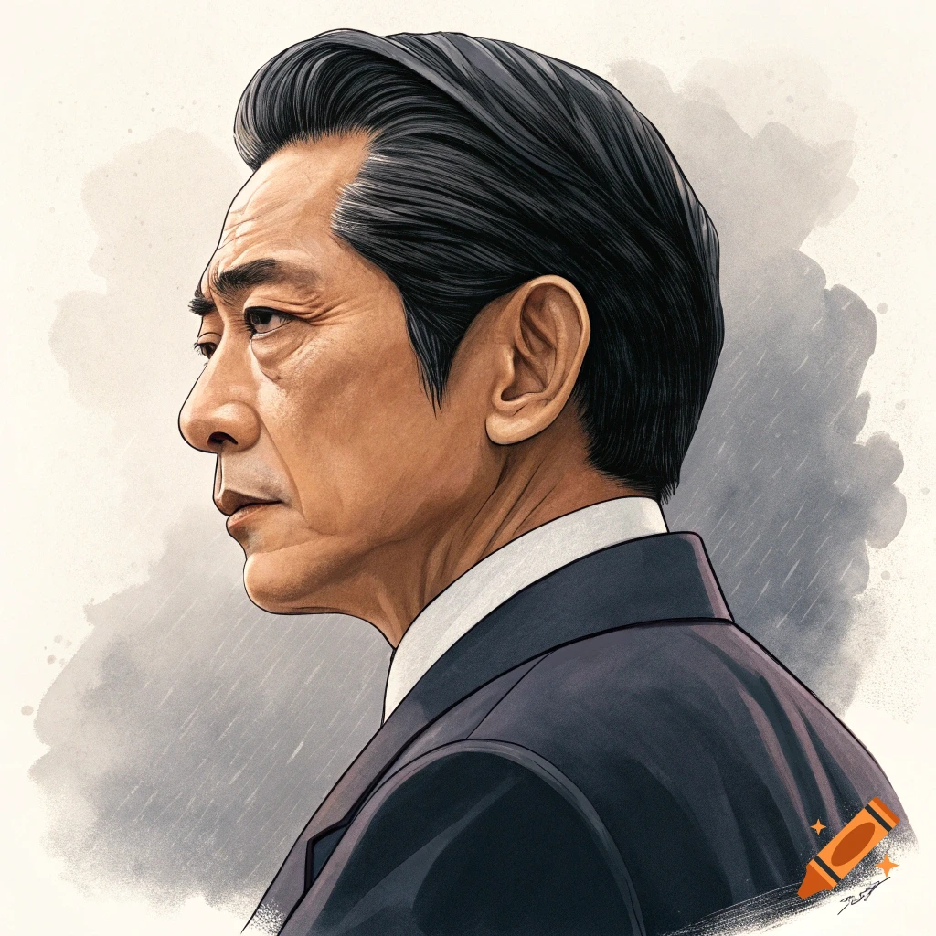 Stylized bust portrait of an older East Asian man in a dark suit looking left, against a painterly grey background.