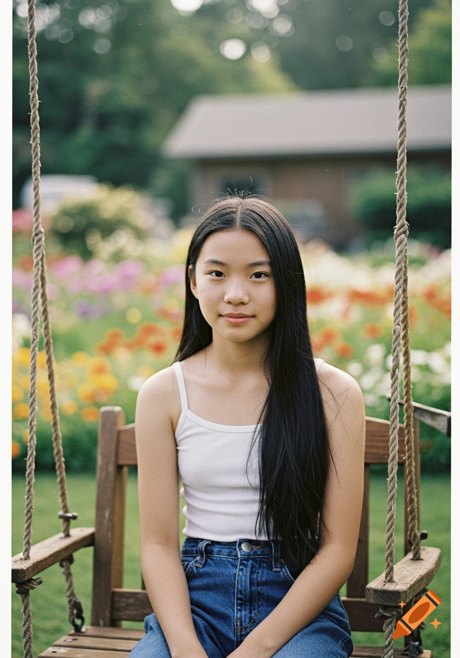 A young girl with long black hair sits on a wooden swing in a garden with colorful flowers.