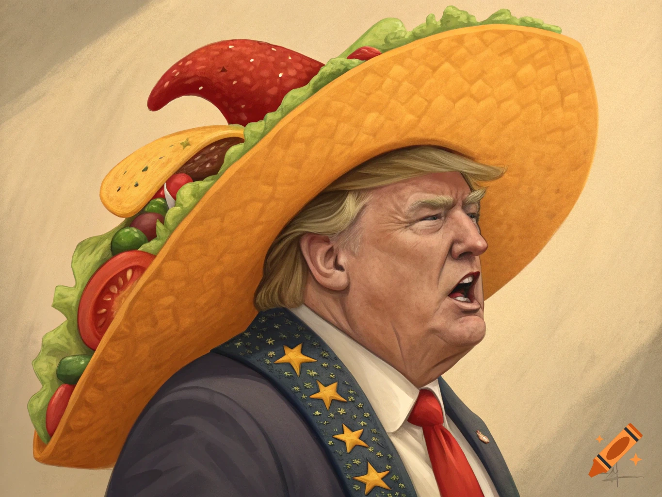 Donald Trump wearing a large sombrero shaped like a taco, filled with lettuce, tomatoes, and meat, in an illustrative style.