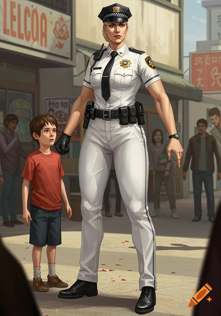 A tall policewoman in white uniform stands on a city street next to a small boy looking up at her, in an illustrative style.
