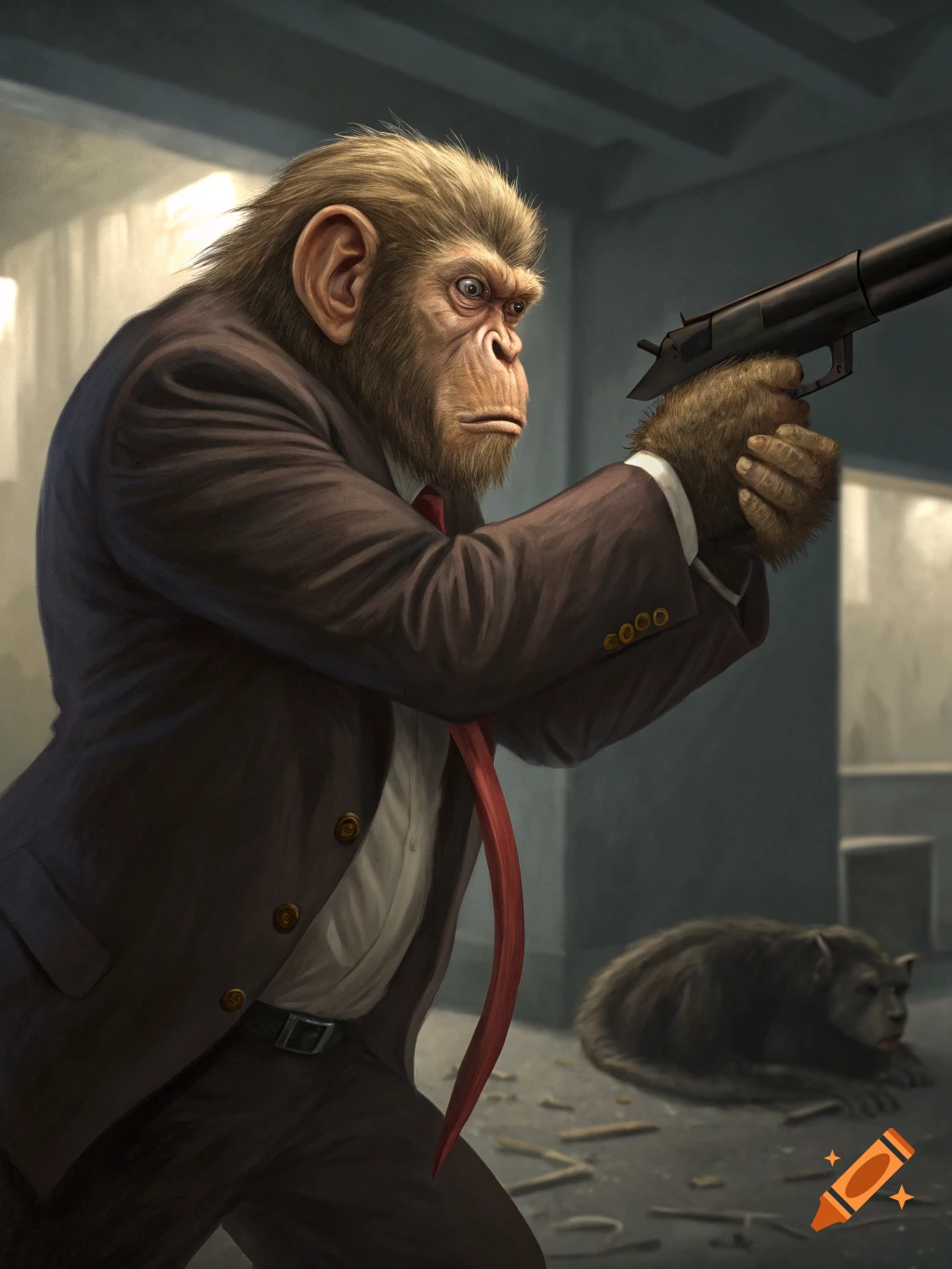 A photorealistic chimpanzee in a suit and red tie aims a gun. Another furry creature lies on the floor behind it.