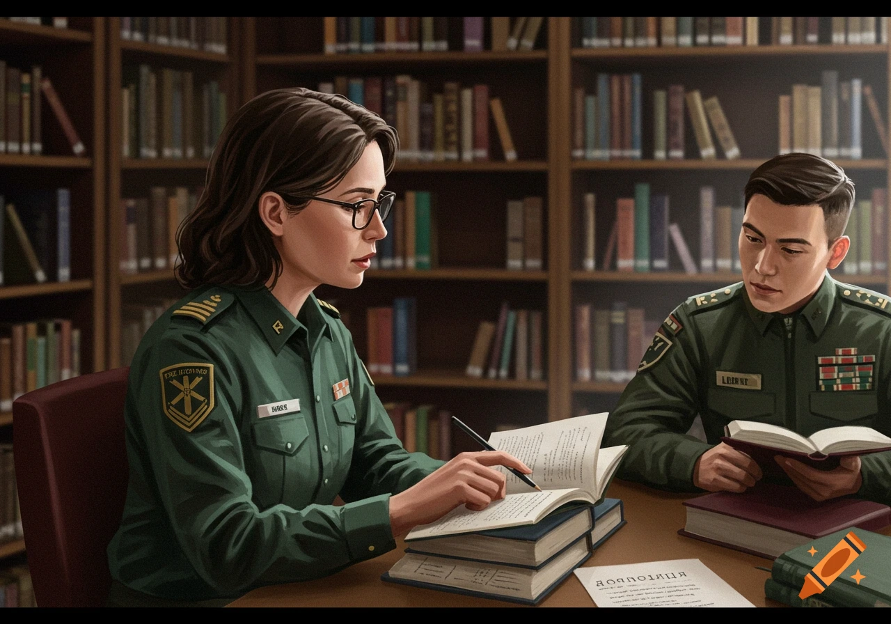A woman in a military uniform and glasses writes in a book at a library table, a man in uniform reads nearby.