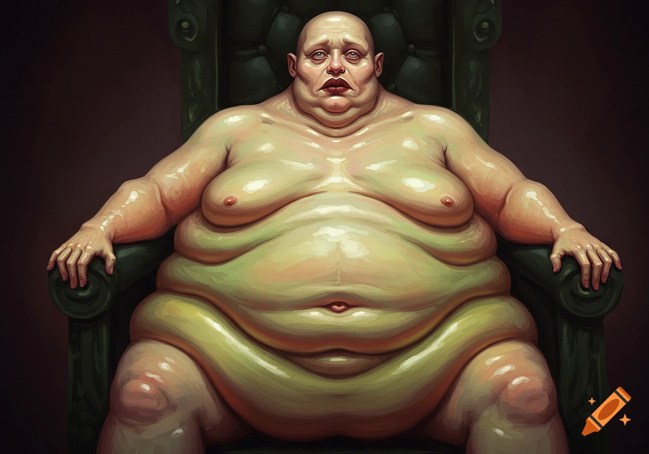 An extremely obese, bald person with glossy, pale skin sits on a dark green throne, looking mournful.