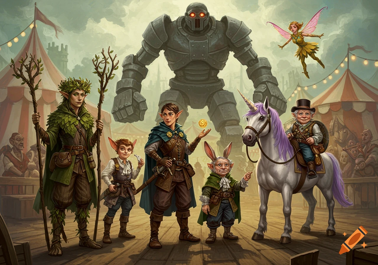 A fantasy illustration of a D&D adventuring party with elves, a hobbit on a unicorn, a rabbit-person, and a fairy, in a carnival.