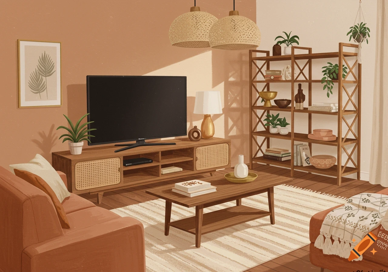 A warm Japandi-Boho living room with a clay-colored sofa, TV console, bookshelf, and coffee table on a patterned rug.