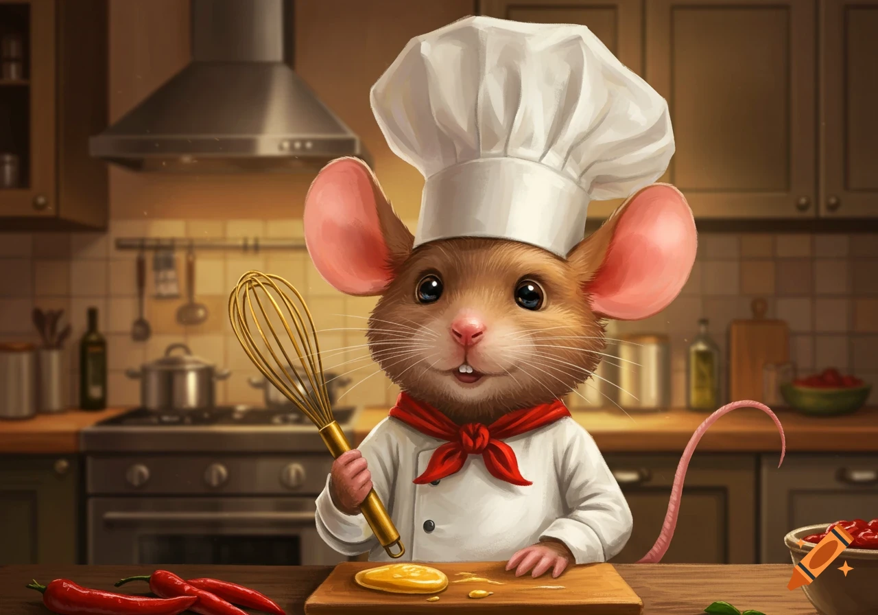 A cute cartoon mouse wearing a chef's hat and red scarf, holding a whisk over a cutting board with spilled egg yolk in a kitchen.