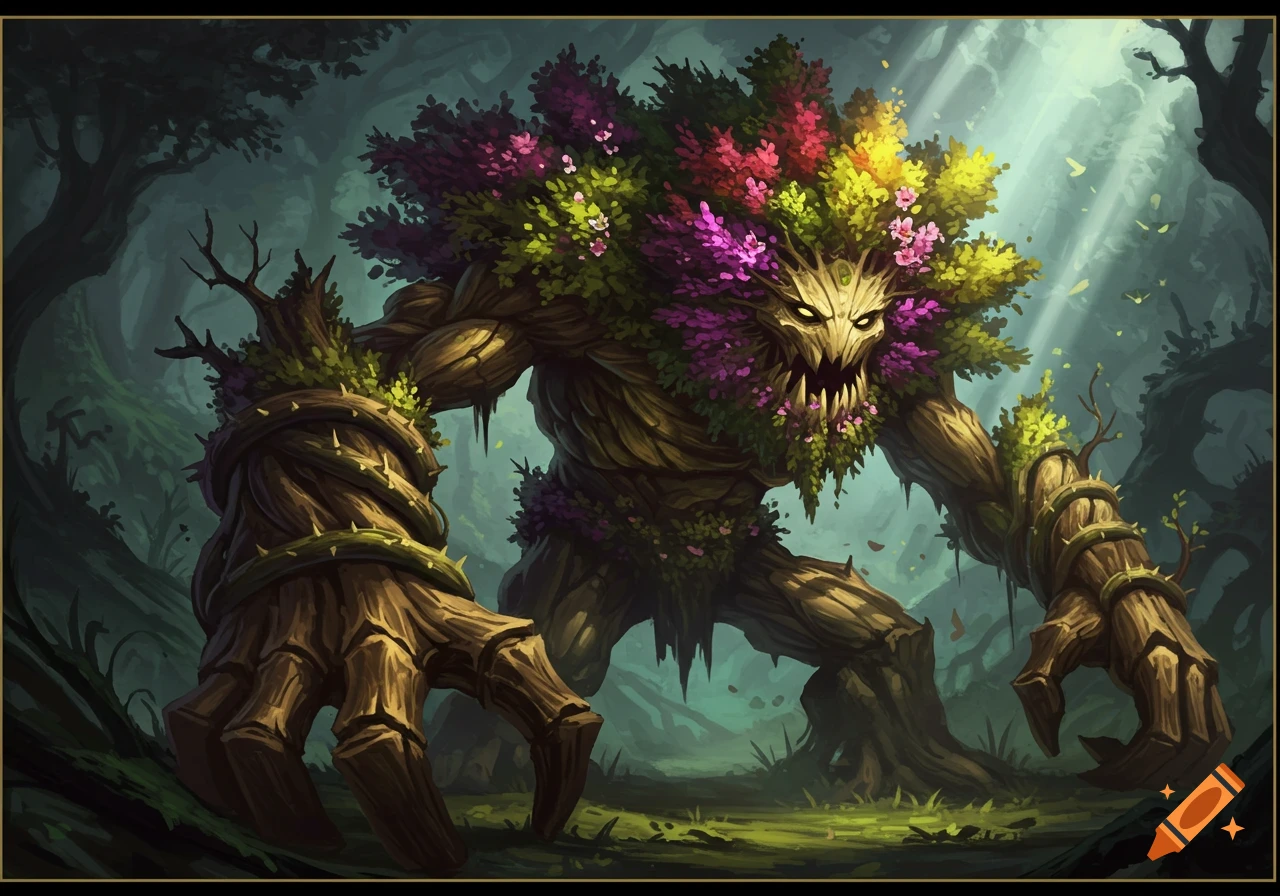 A menacing, giant tree monster with glowing eyes, thorny vines, and colorful flowers stands in a dark fantasy forest.