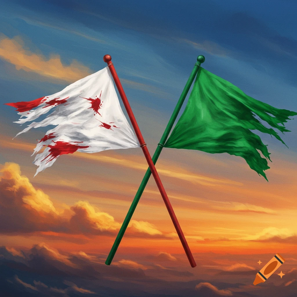 Two torn, crossed flags, one white with red bloodstains, one green, against a dramatic sunset sky in a painted style.
