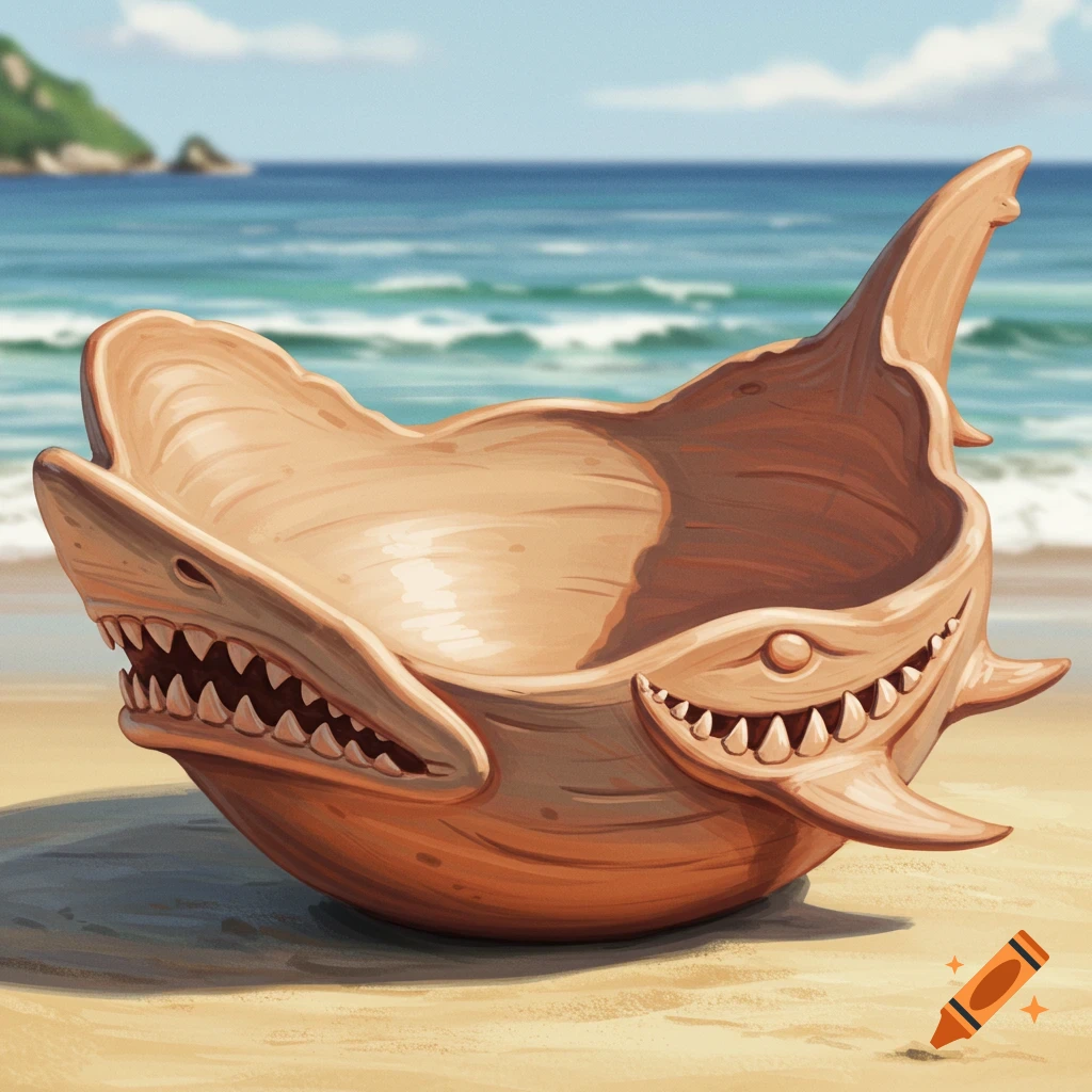 A clay bowl shaped like a shark with teeth and fins rests on a sandy beach, with the ocean and an island in the background.