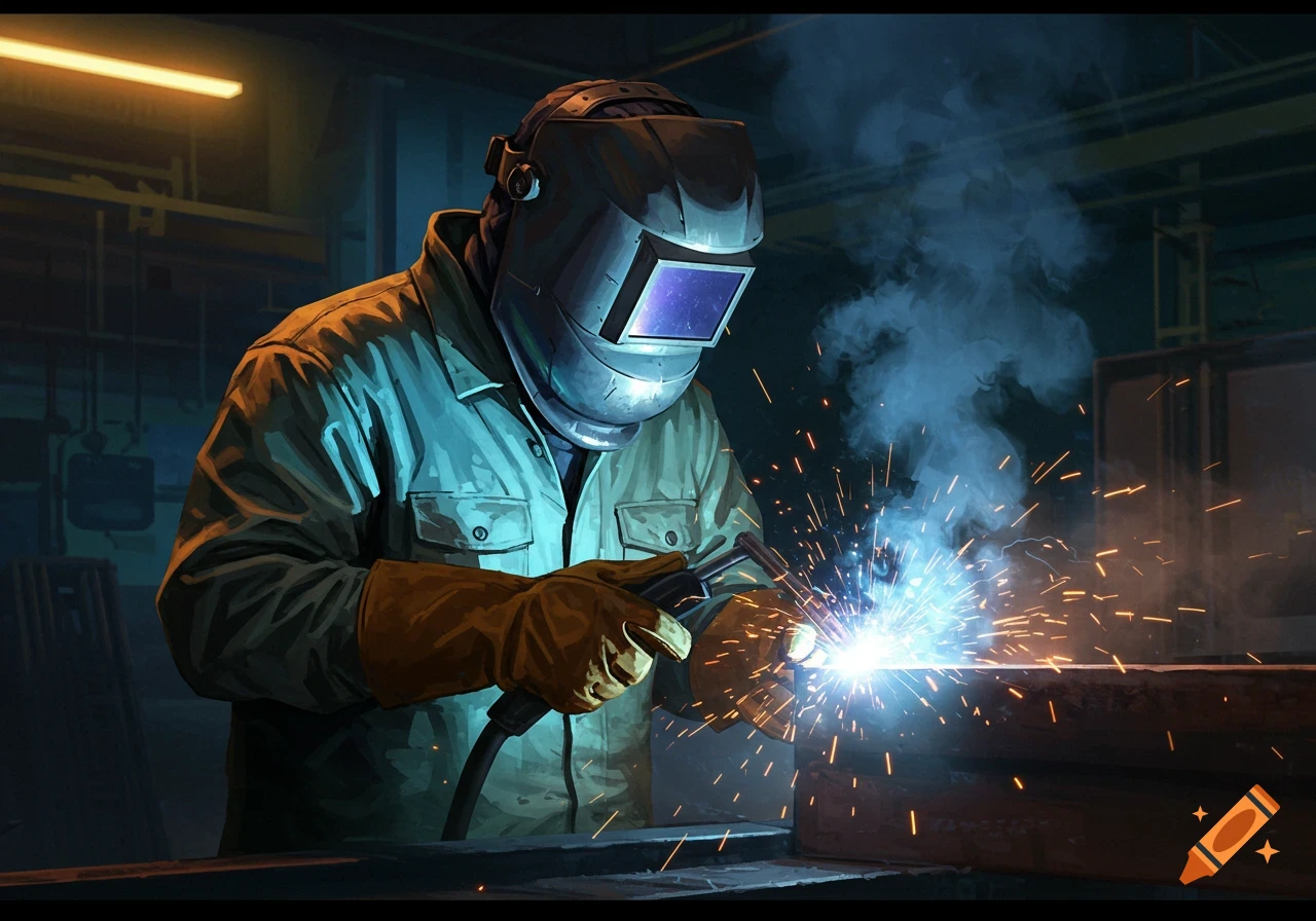 A welder in protective gear and gloves performs welding, creating bright sparks and smoke in a dark, gritty industrial setting.