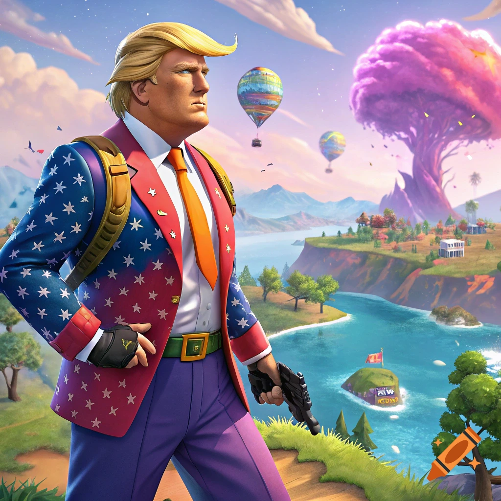 Stylized illustration of Donald Trump in a Fortnite-like setting, wearing a red, white, and blue suit with stars, holding a pistol, looking right. In the background are colorful landscapes, islands, hot air balloons, and a large pink tree.