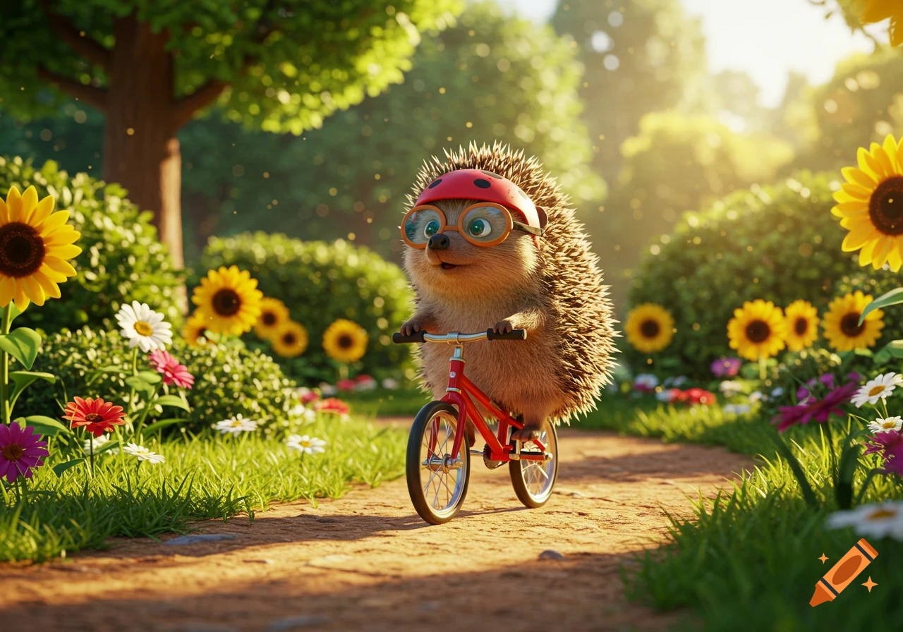 A cute hedgehog wearing a red helmet and glasses rides a red bicycle down a dirt path in a sunny park filled with flowers.