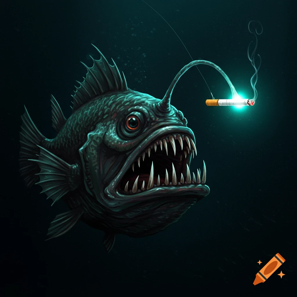 A monstrous anglerfish in the deep sea with a glowing, lit cigarette as its lure.