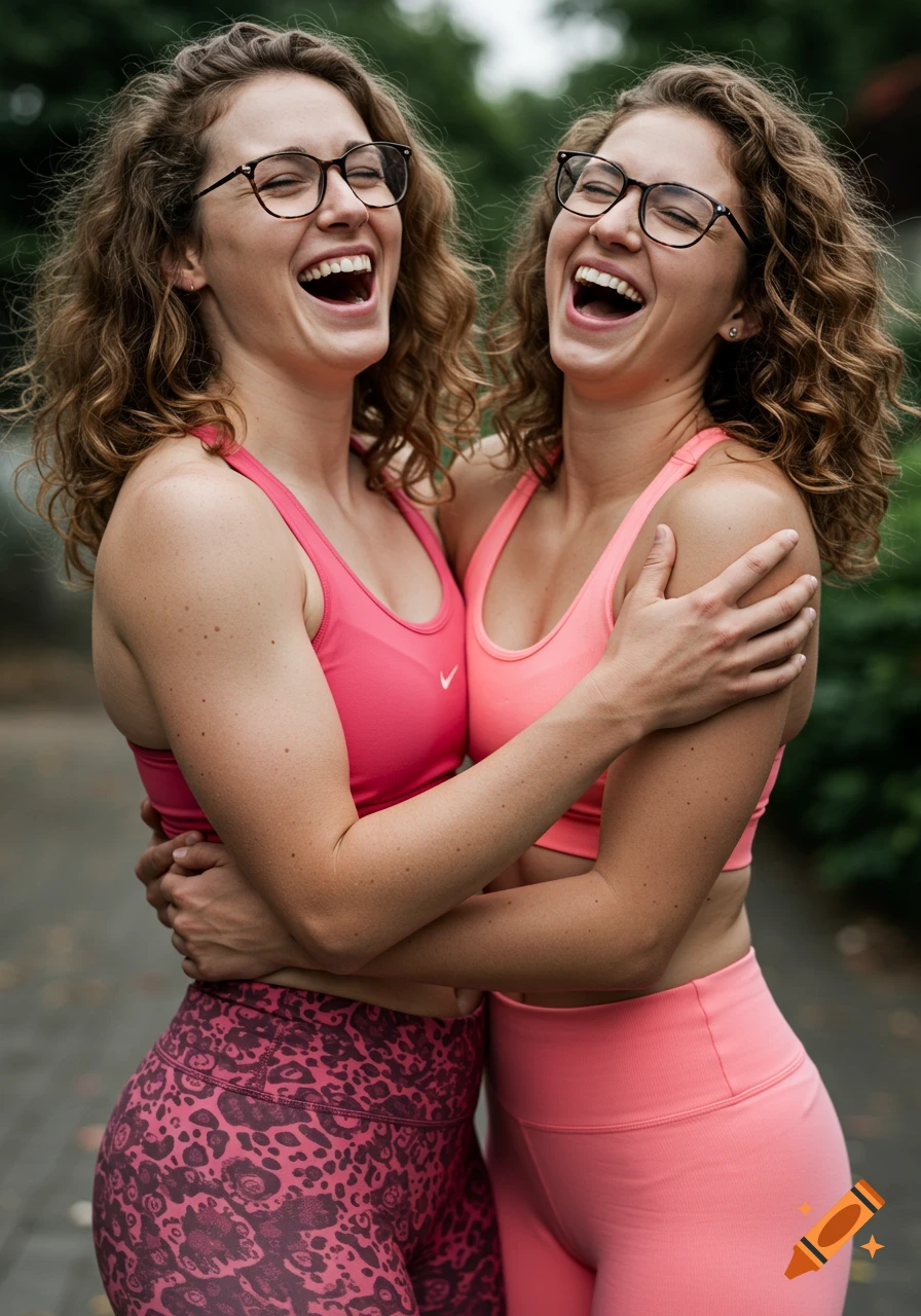 Two smiling young women with curly hair and glasses, wearing pink sports bras and leggings, embrace outdoors.