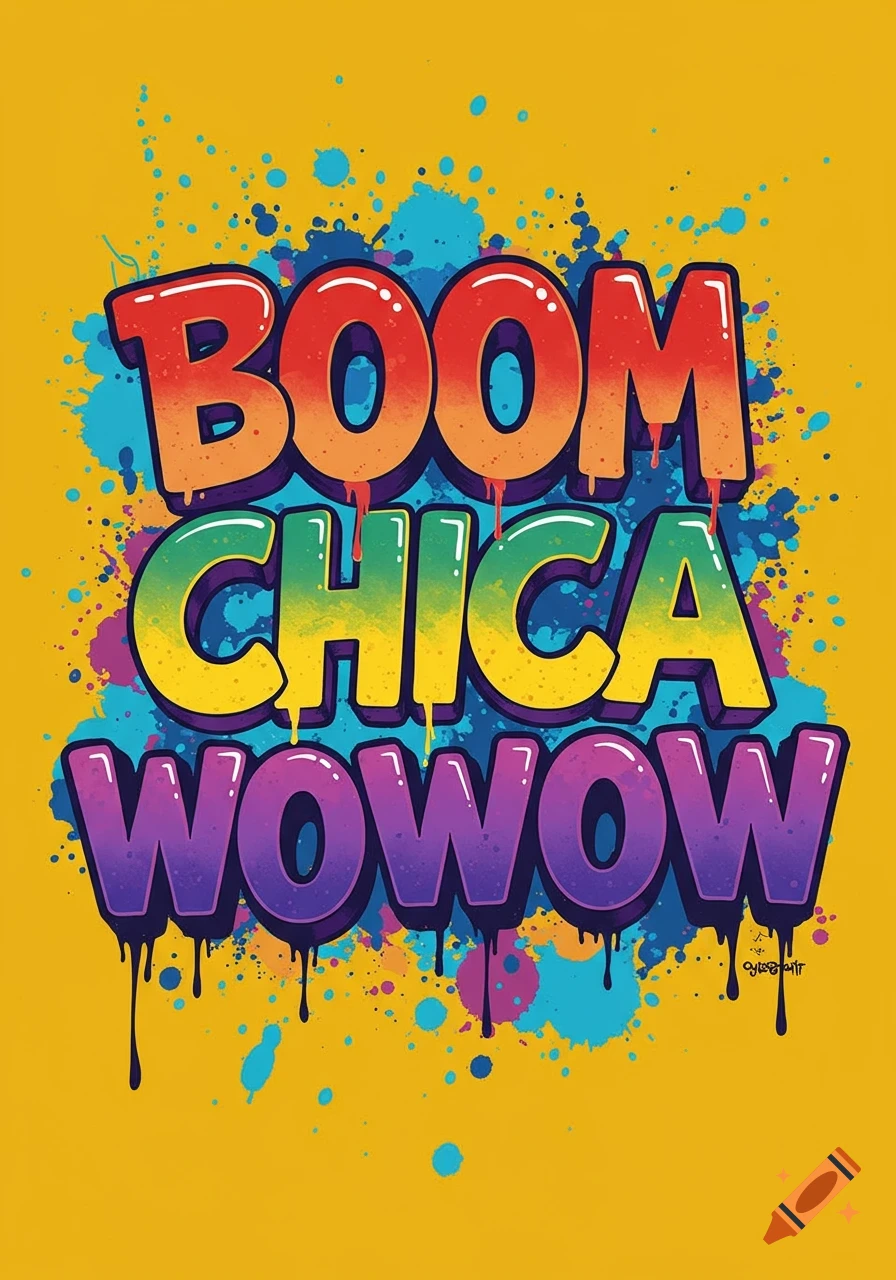 Colorful graffiti style text 'BOOM CHICA WOWOW' with drips and paint splatters on a yellow background.
