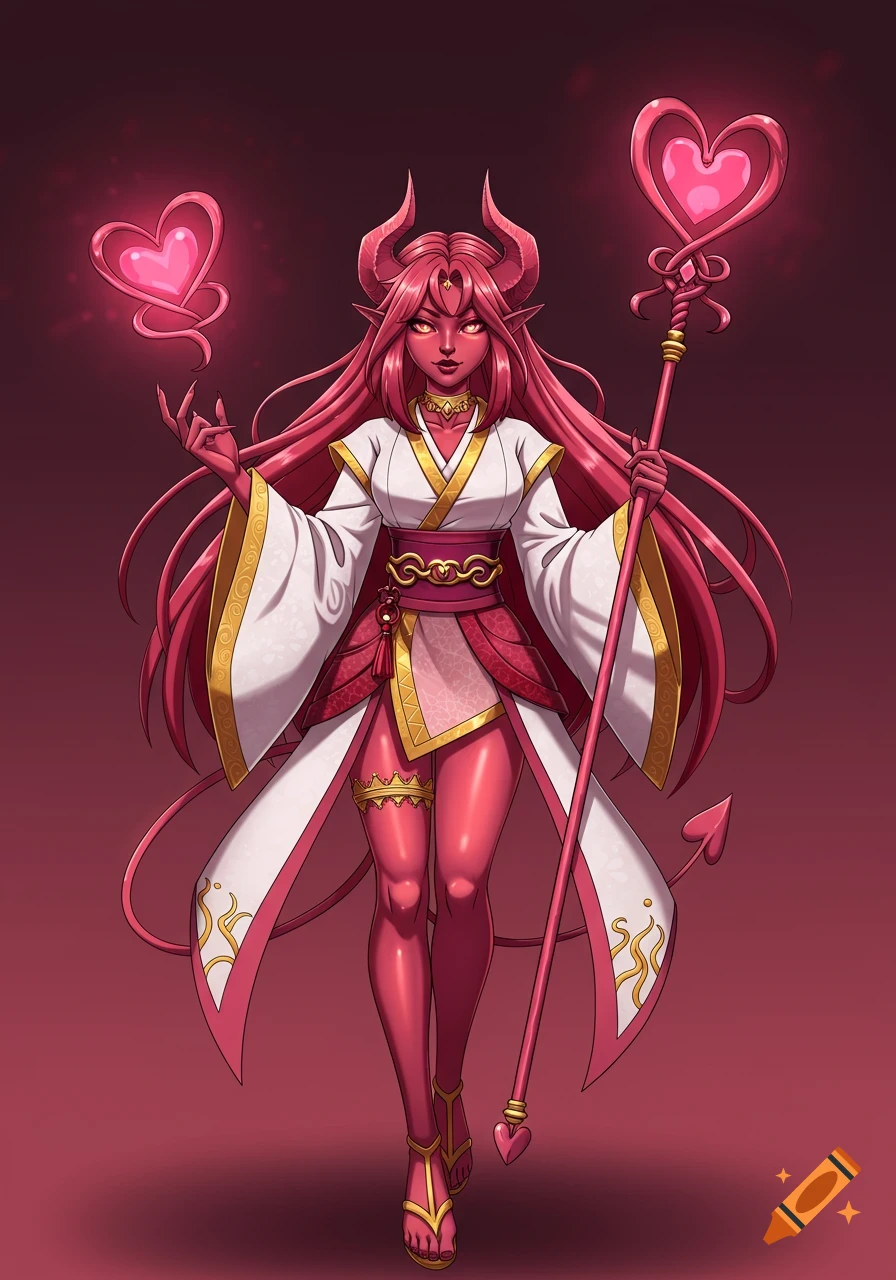 An anime-style demon girl with rose-gold skin, long pink hair, horns, and a heart-shaped tail, holding a glowing heart staff.