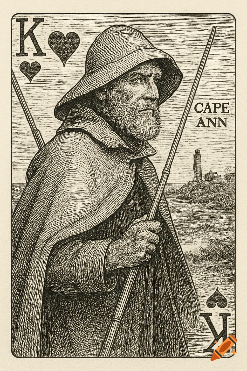 Black and white line drawing of a King of Hearts playing card featuring a bearded fisherman in a sou'wester, with a lighthouse and ocean in the background. Text reads 'CAPE ANN'.