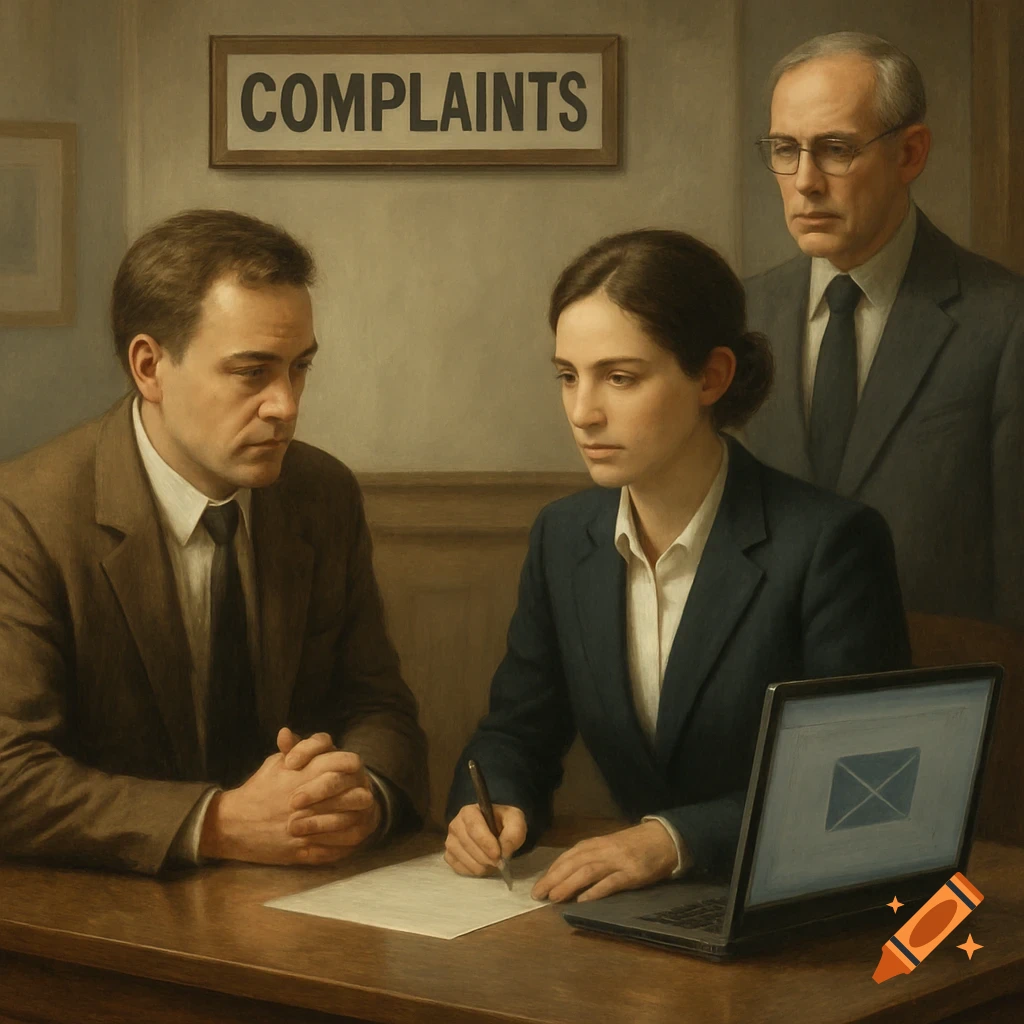 Three people, two seated and one standing, in a formal office setting under a 'COMPLAINTS' sign. A woman writes at a desk with a laptop.
