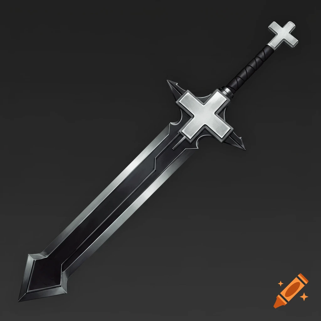 A long, dark fantasy sword with a silver cross-shaped guard and pommel, set against a dark grey background.