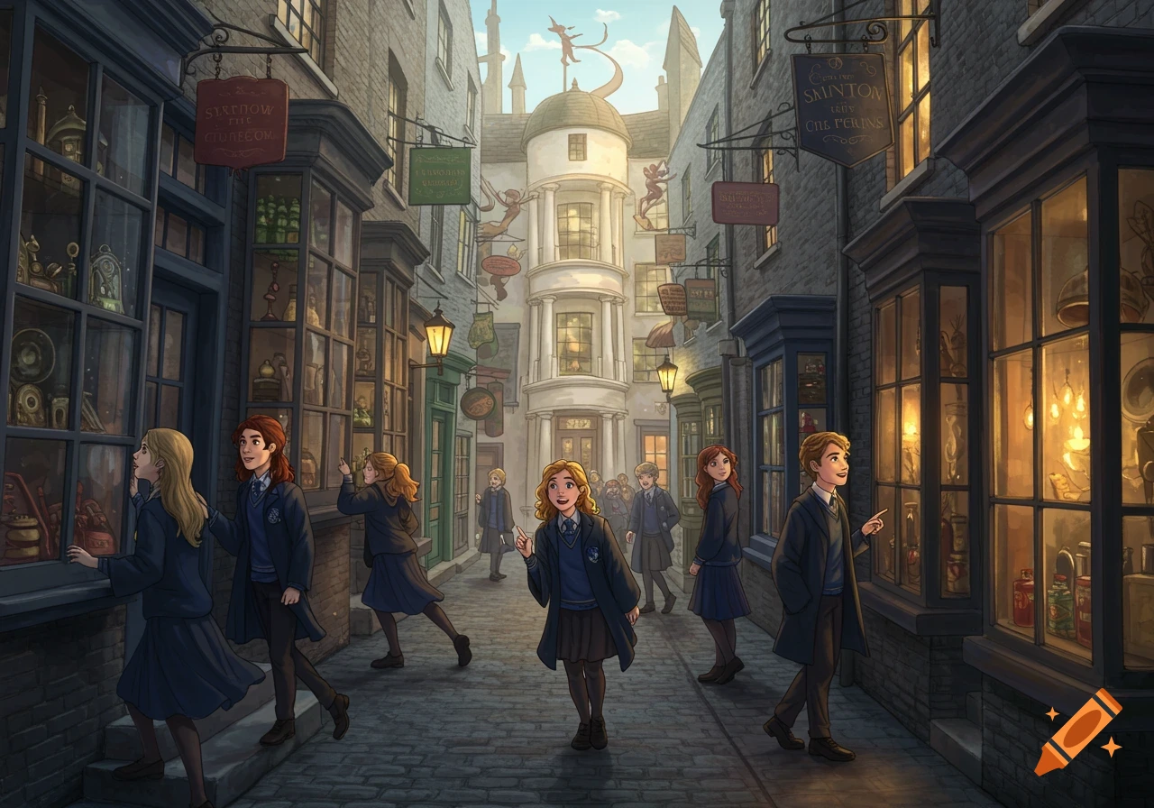 Illustration of Ravenclaw students exploring a magical alley with shop windows.