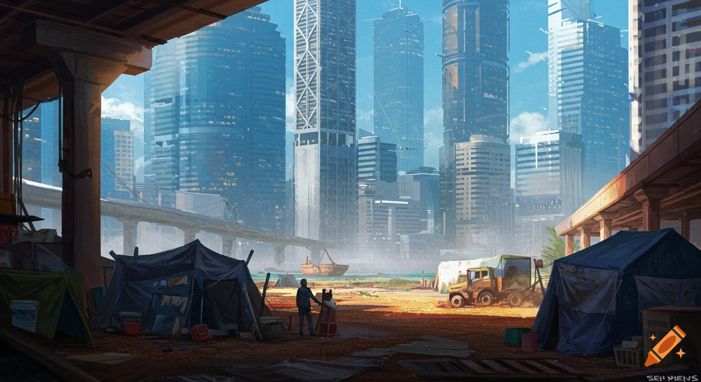 Futuristic city with tall skyscrapers, an elevated highway, and a desolate foreground with tents, a person, and a truck on dry ground by water.